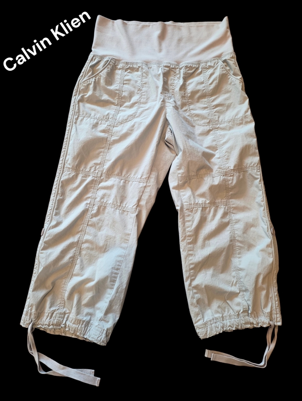 Calvin Klein Light Gray Cargo Drawstring Capris. Size Medium